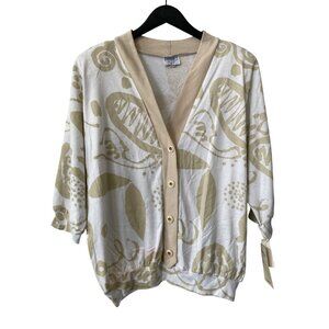 Vintage 80s HMJ Button Cardigan Size XL V Neck 3/4 Sleeve Beige Deadstock NEW